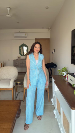 Blue Gingham Waist-Coat Set with Pearl Belt
