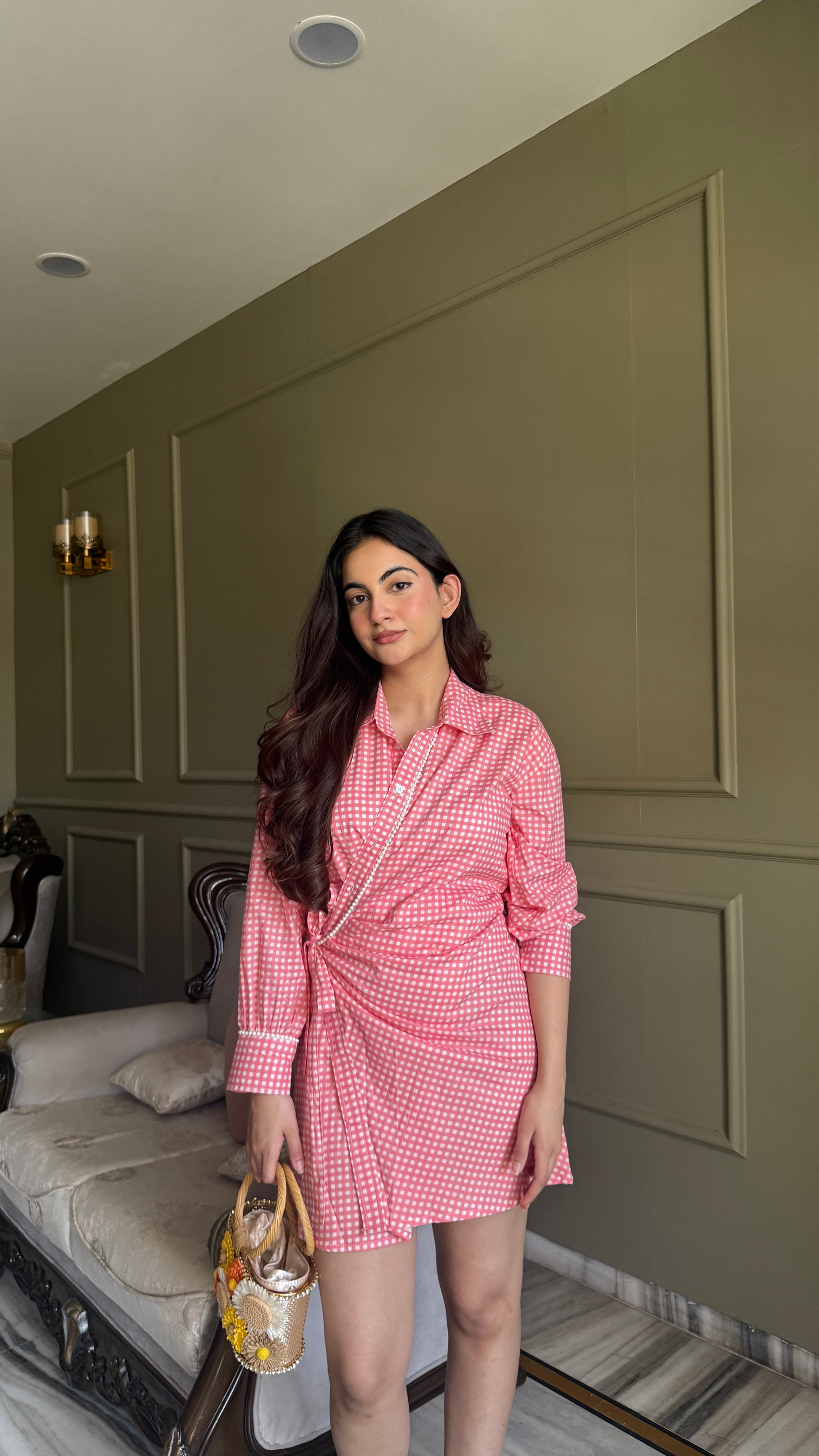Peach Gingham Shirt Dress
