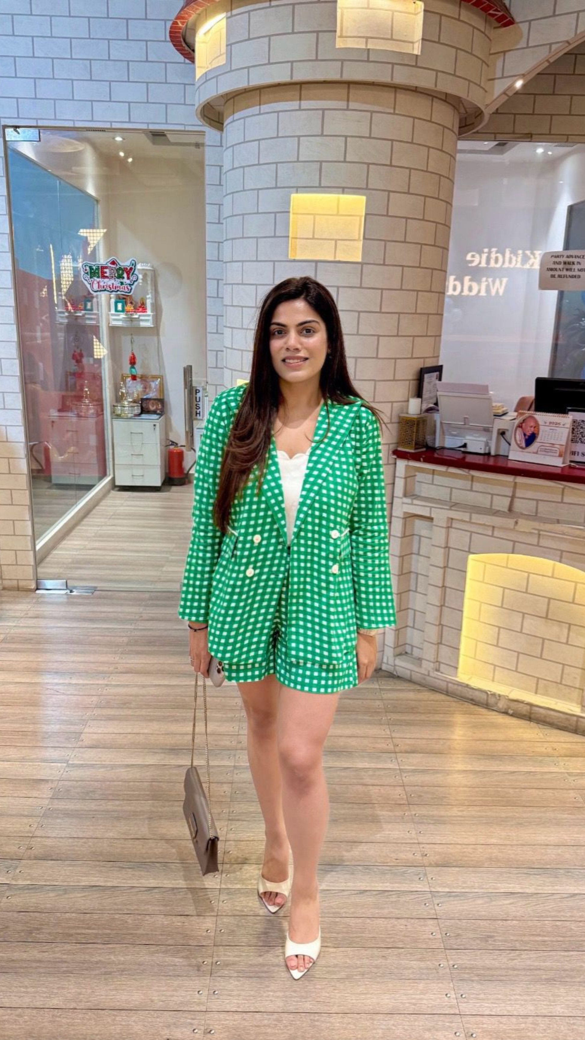 Green Gingham Blazer Set with Shorts