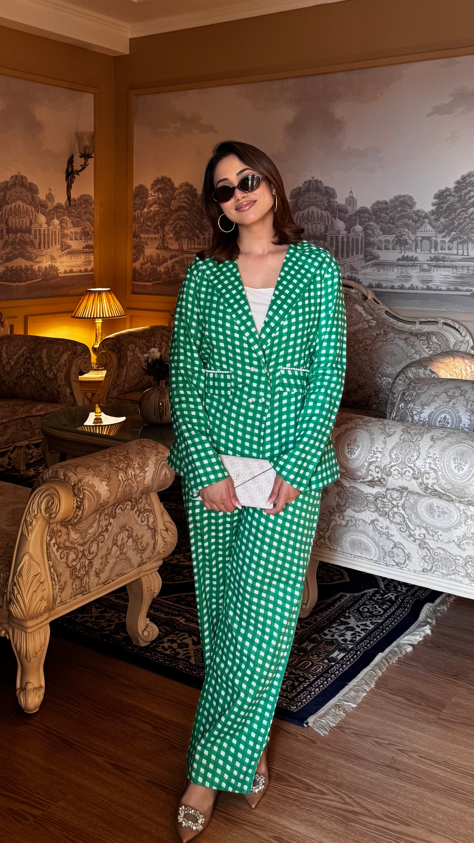 Green Gingham Blazer Set with Pants