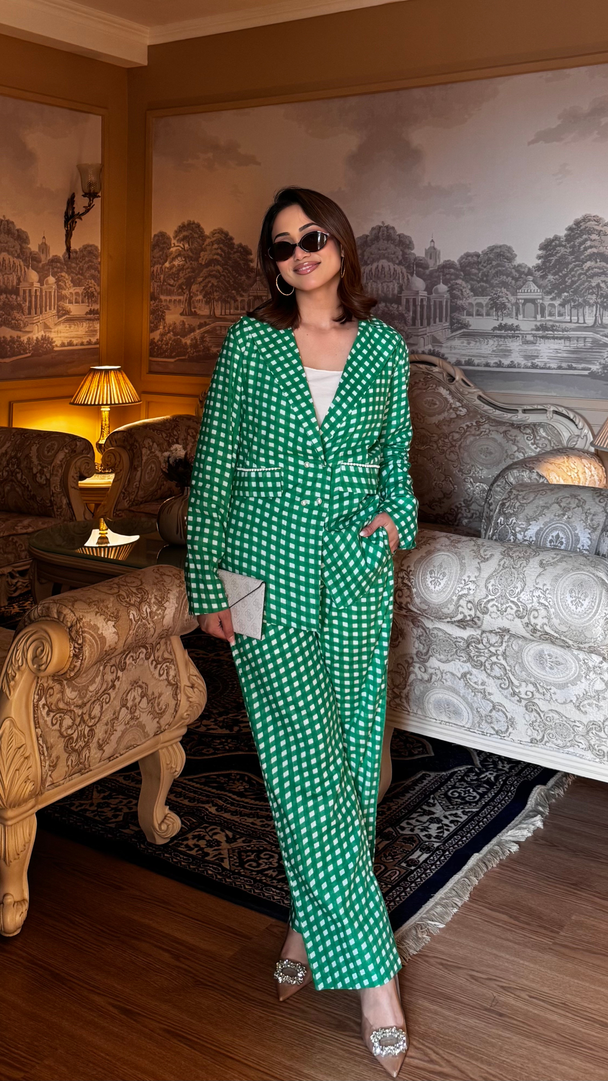 Green Gingham Blazer Set with Pants