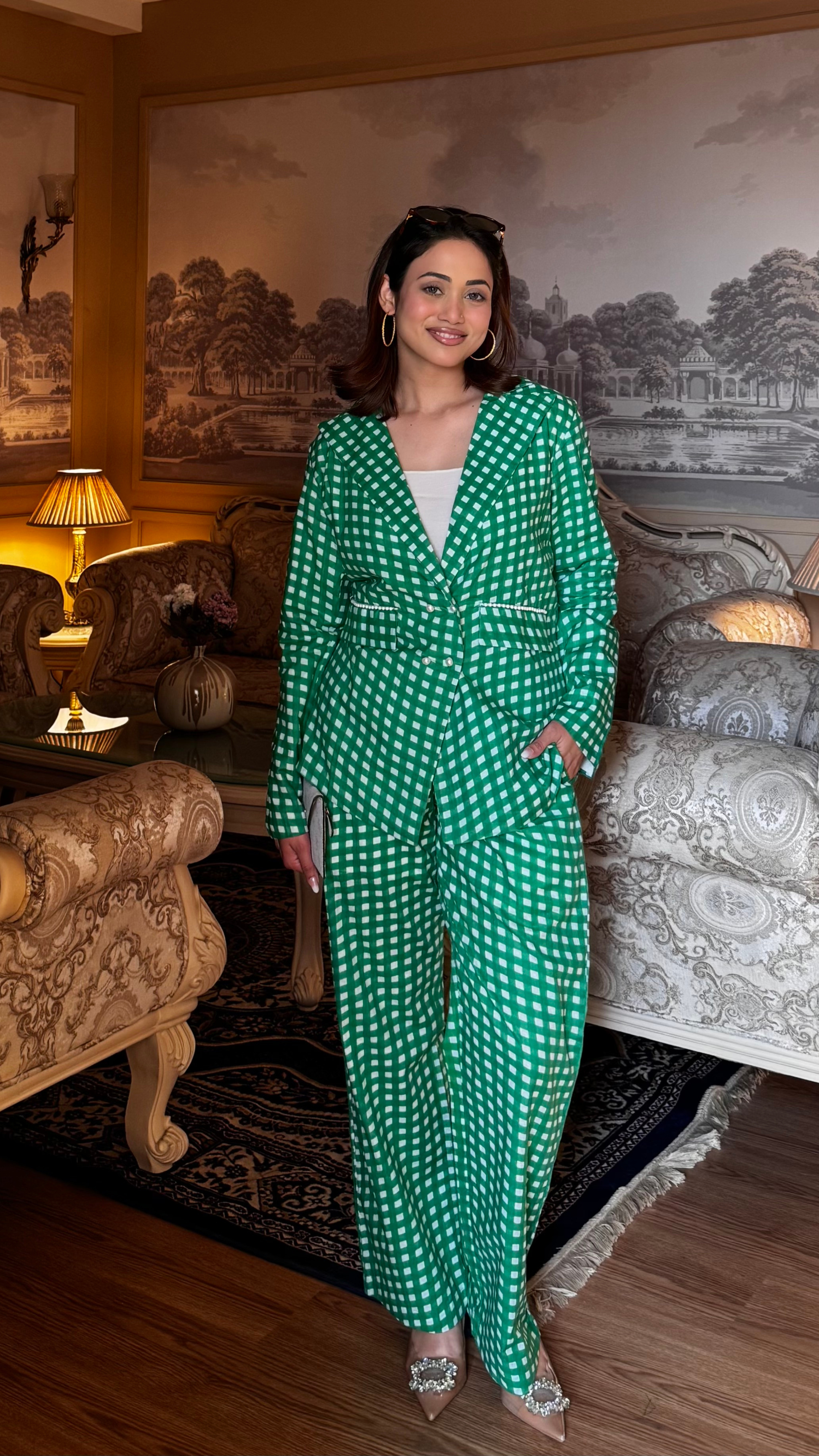Green Gingham Blazer Set with Pants