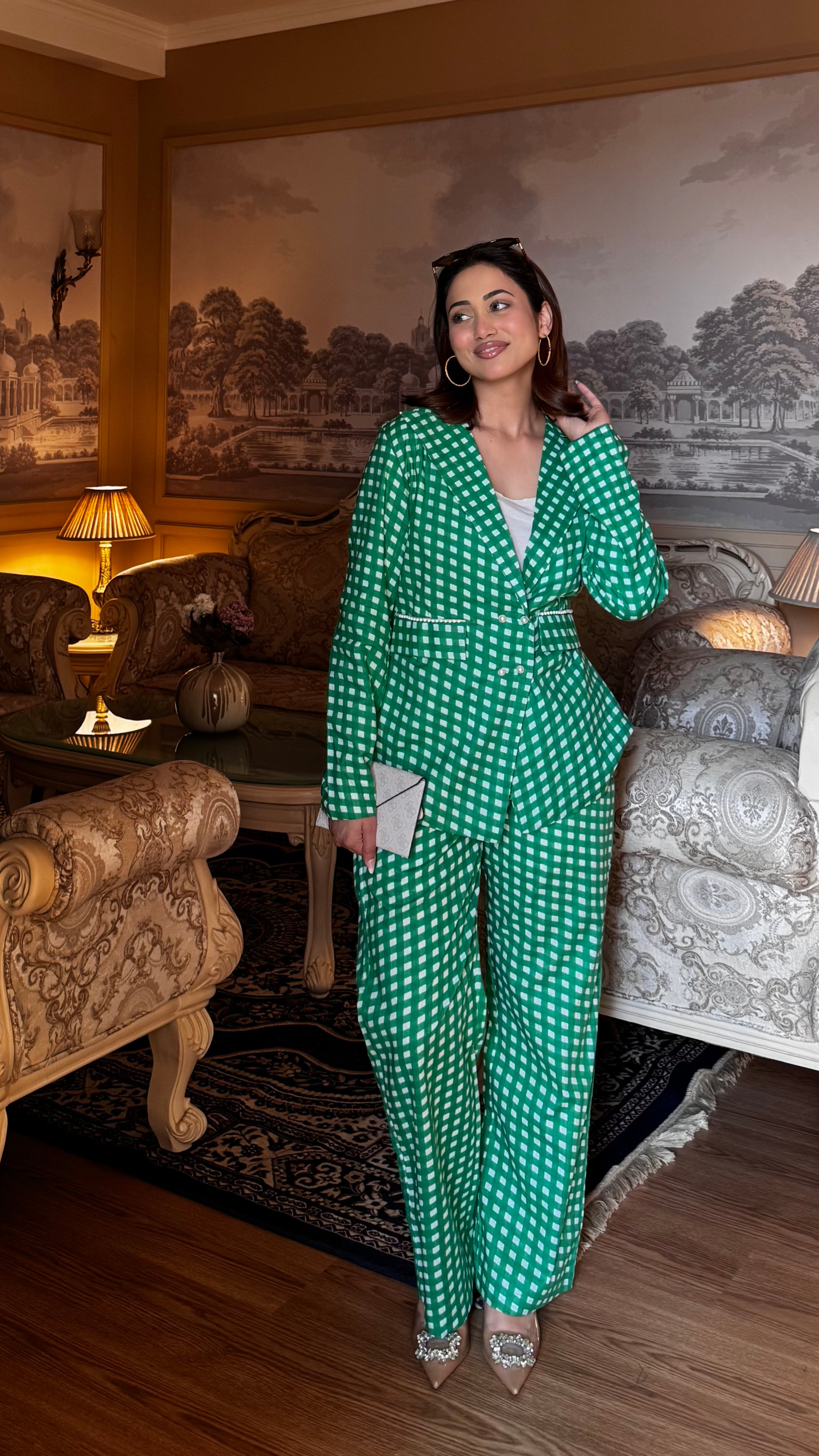 Green Gingham Blazer Set with Pants