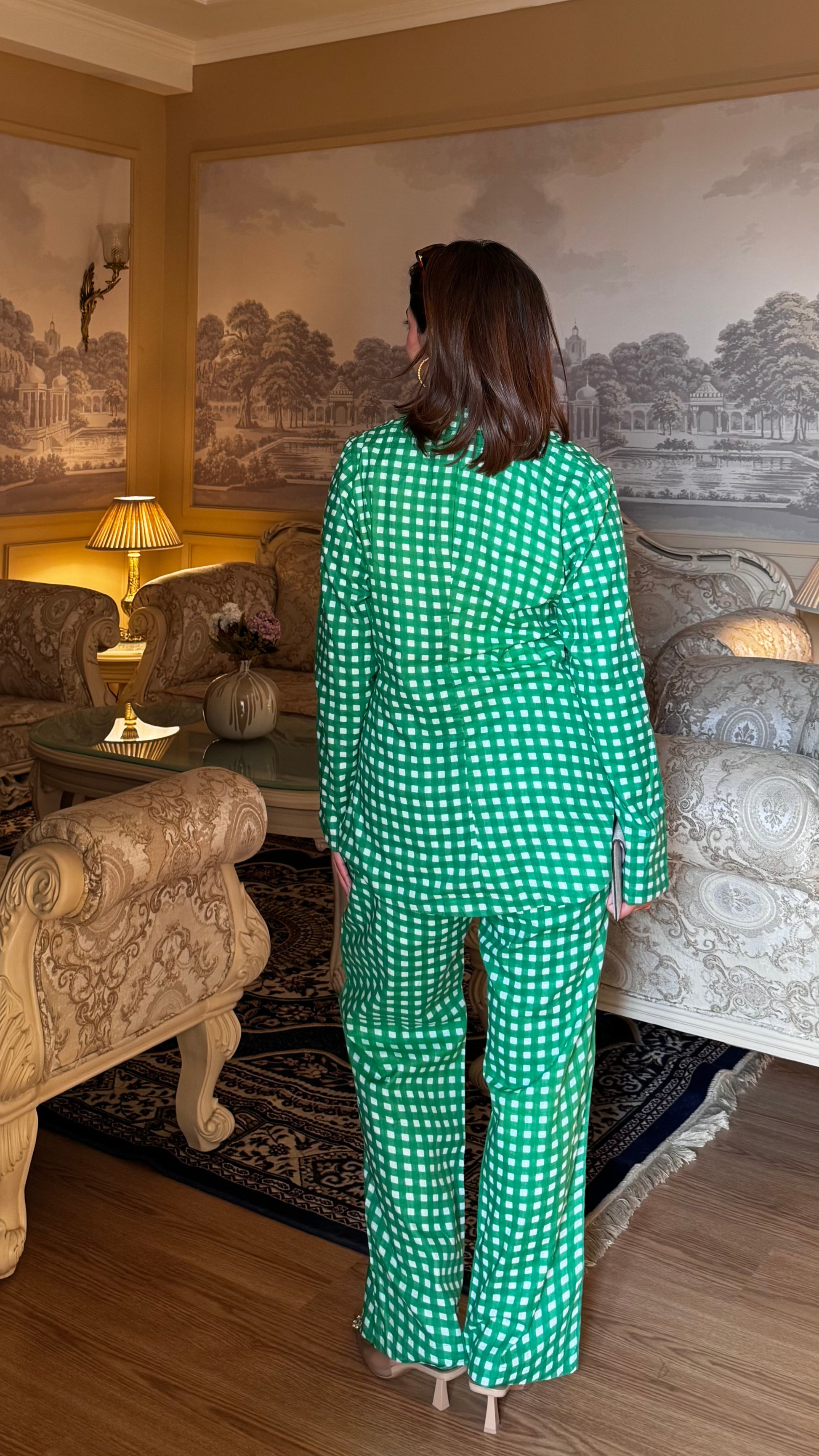 Green Gingham Blazer Set with Pants