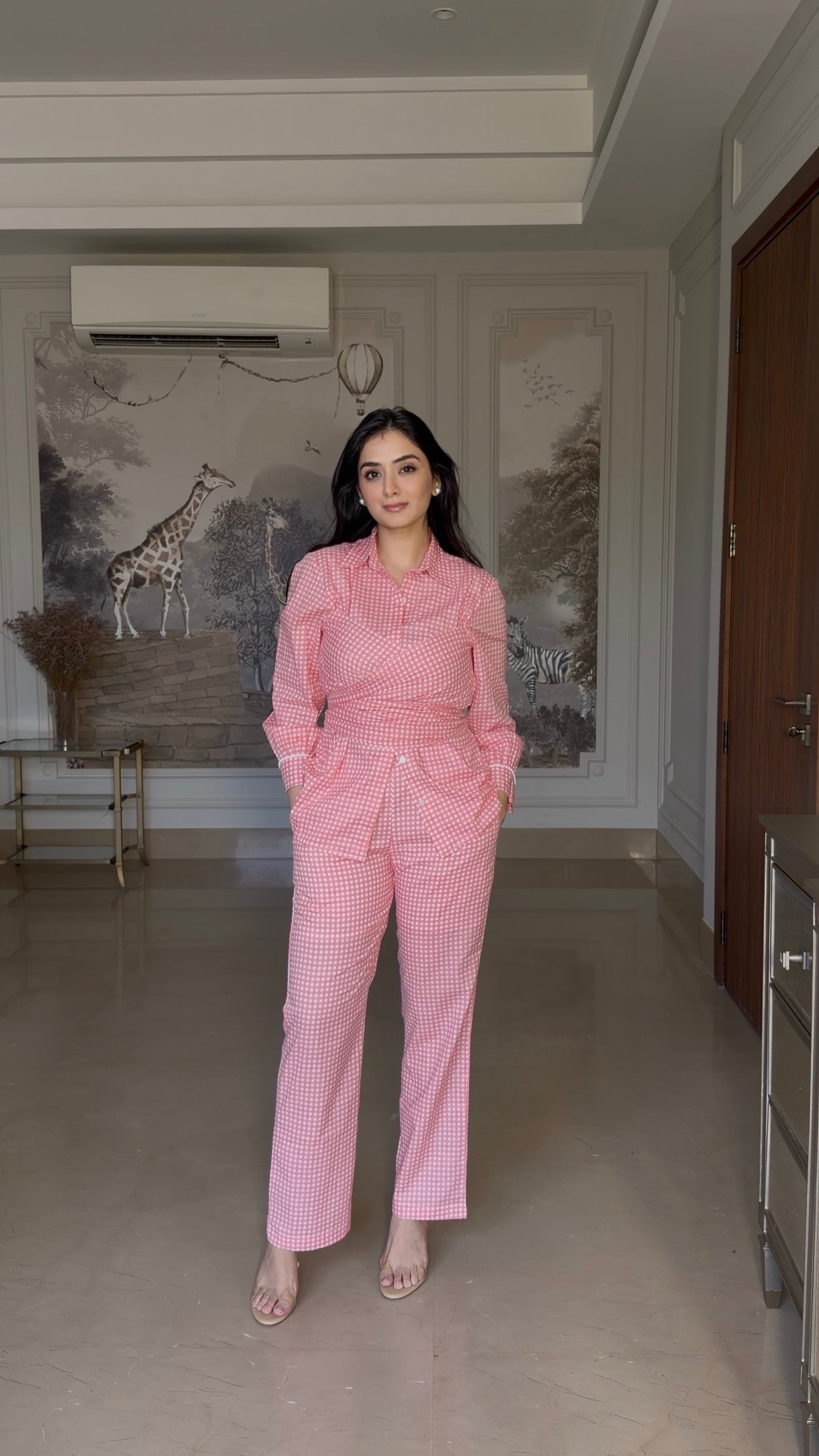 Peach Gingham Wrap Shirt