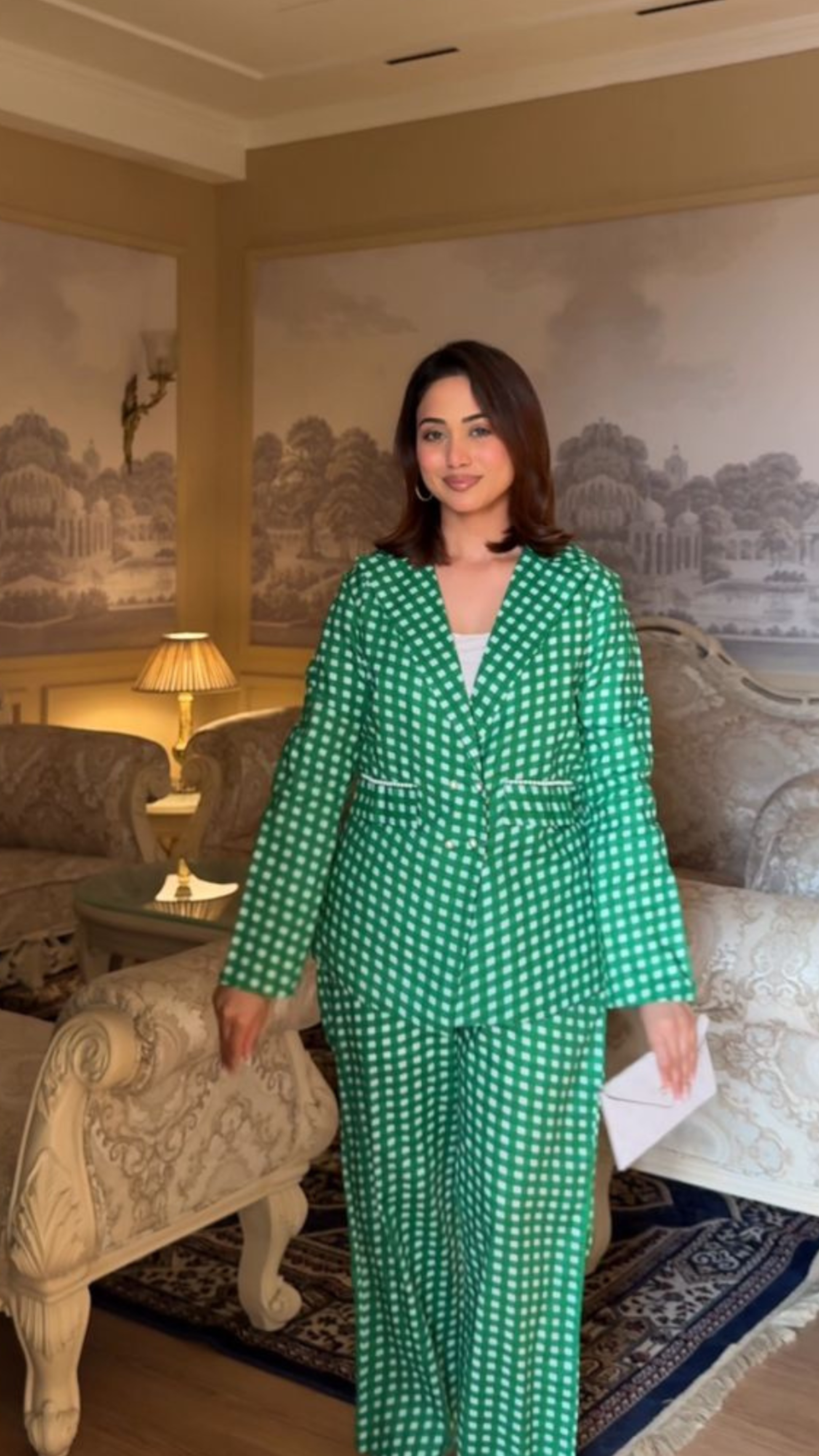 Green Gingham Blazer Set with Pants