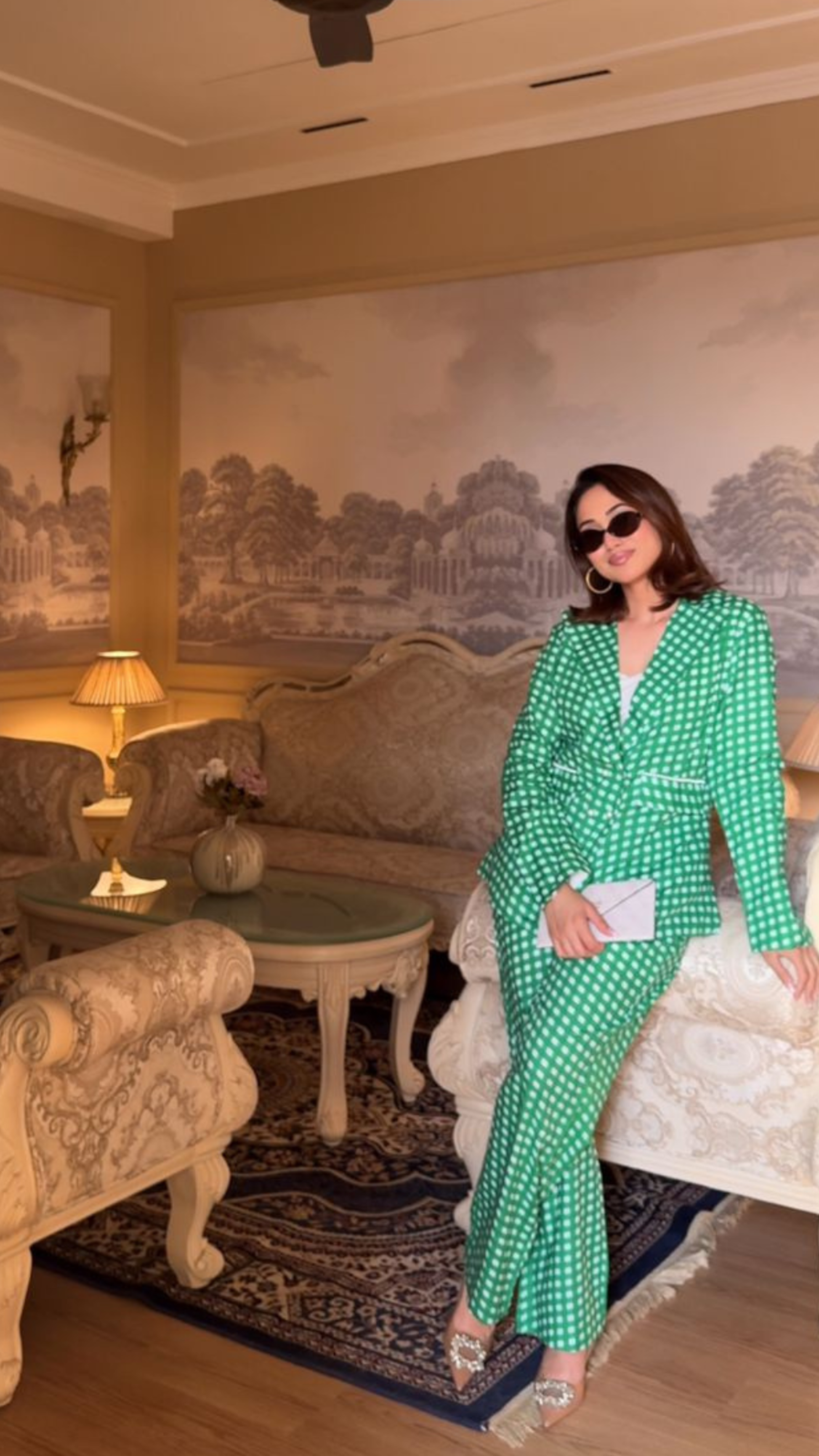 Green Gingham Blazer Set with Pants