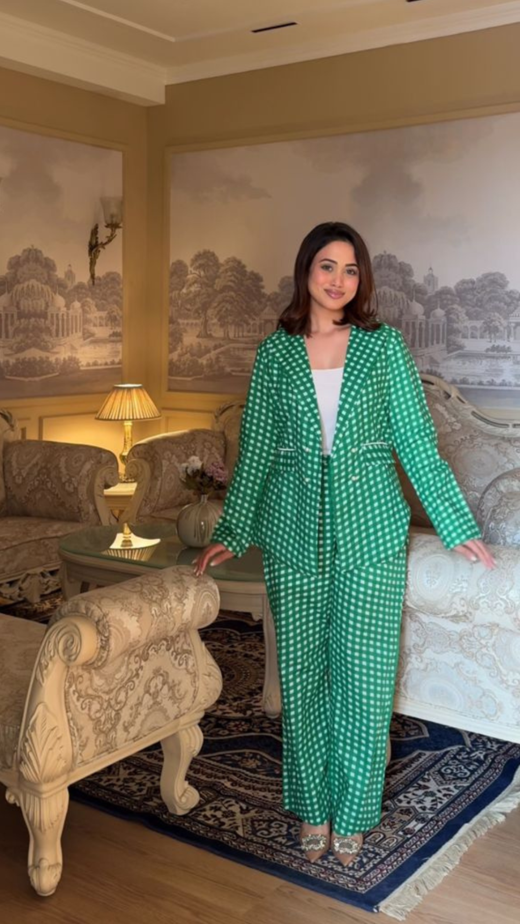 Green Gingham Blazer Set with Pants
