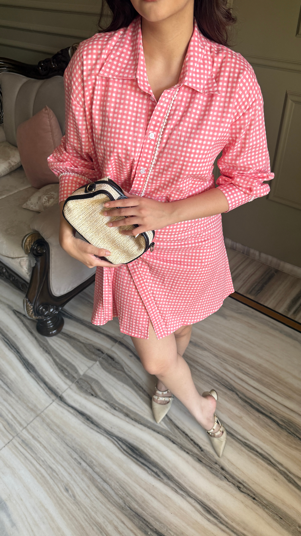 Peach Gingham Shirt Dress