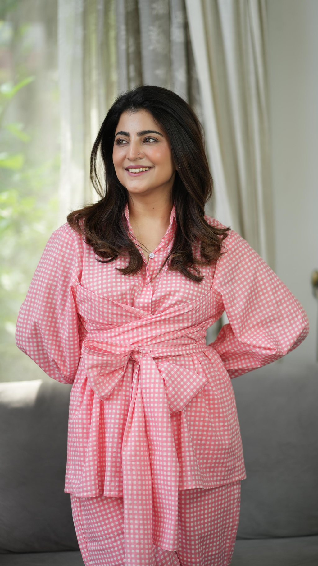Peach Gingham Wrap Set