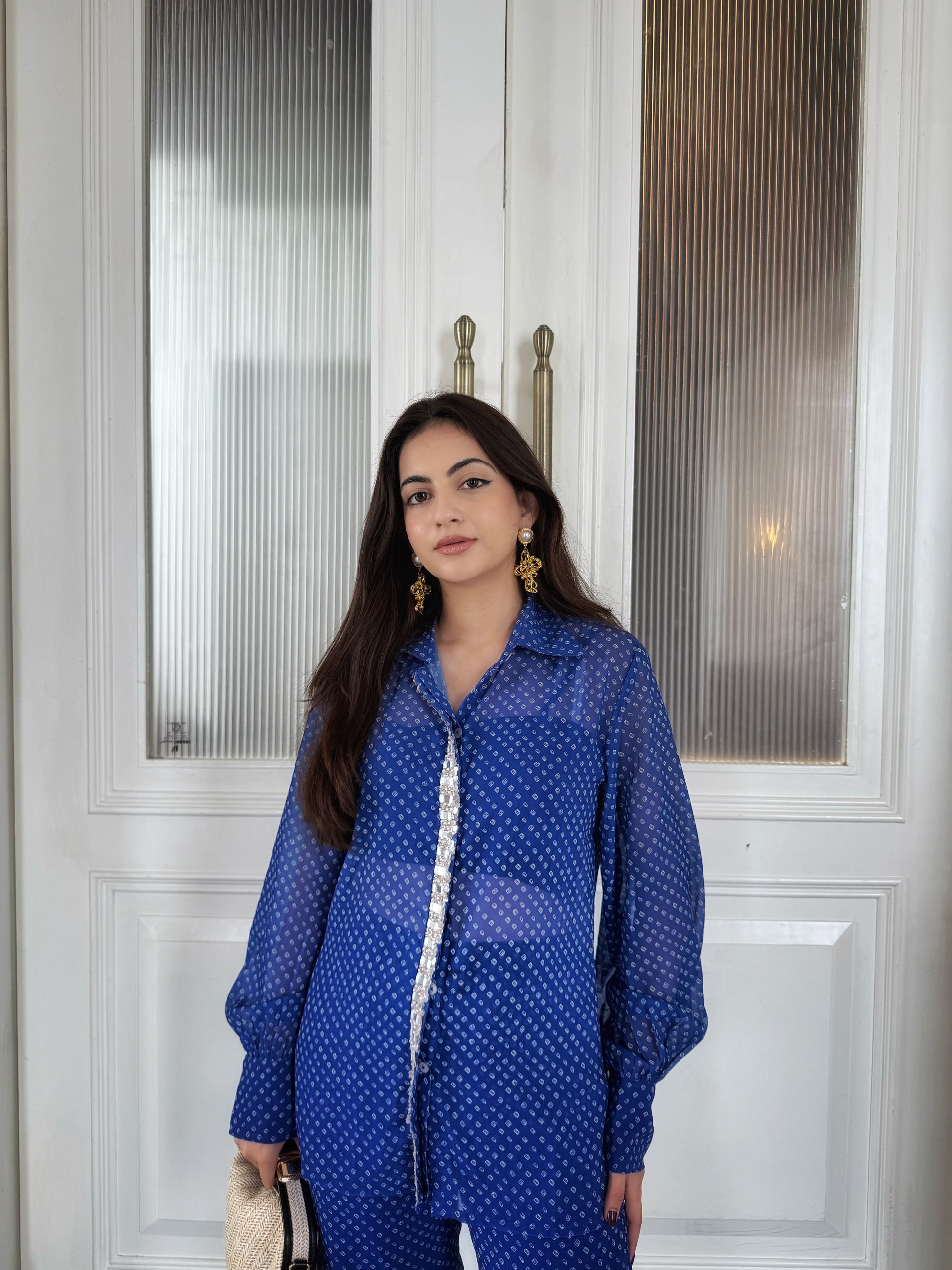 Noor Bandhej Set in Twilight Blue