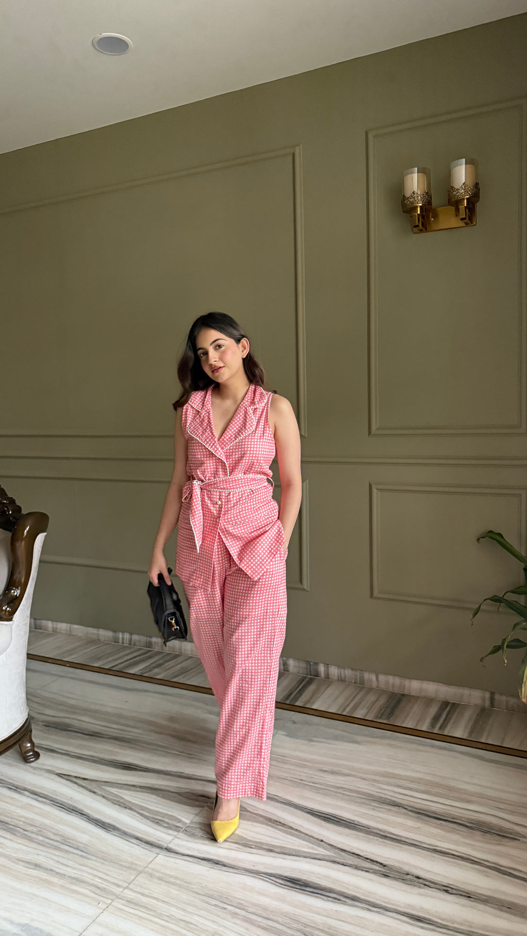 Peach Waist-Coat Set with Pearl Belt