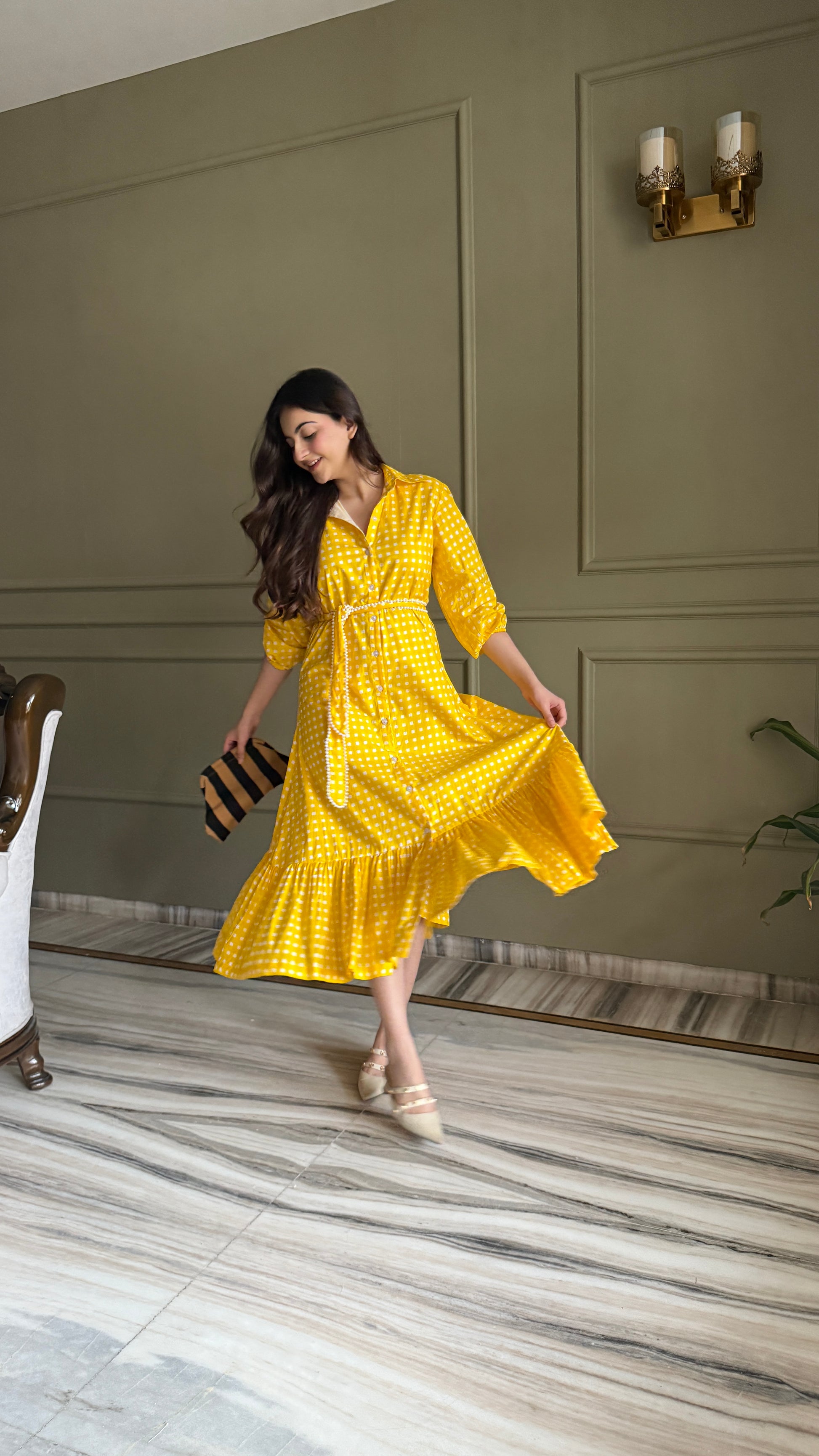 Sunshine Yellow Dress with Pearl Belt