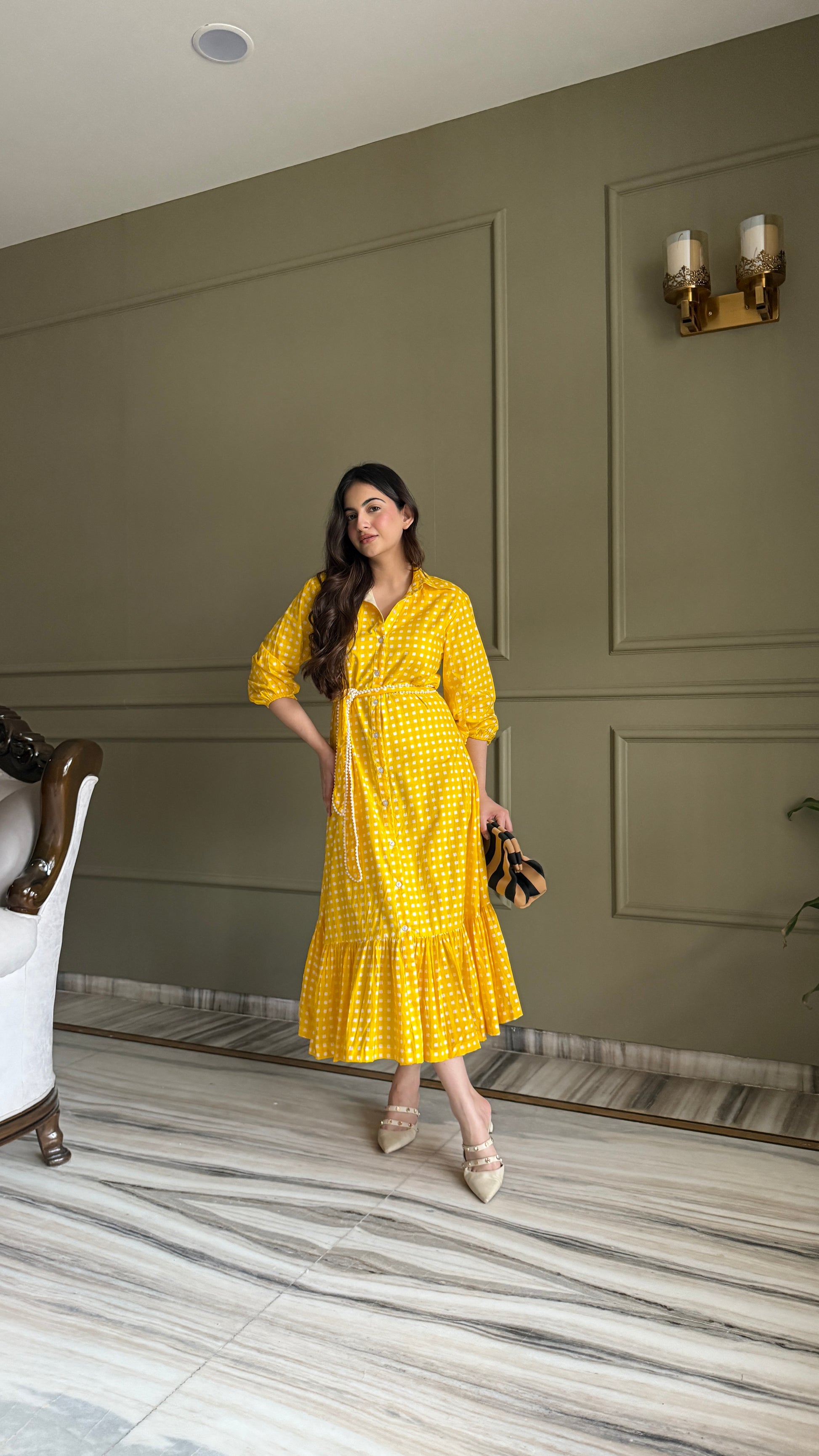 Sunshine Yellow Dress with Pearl Belt
