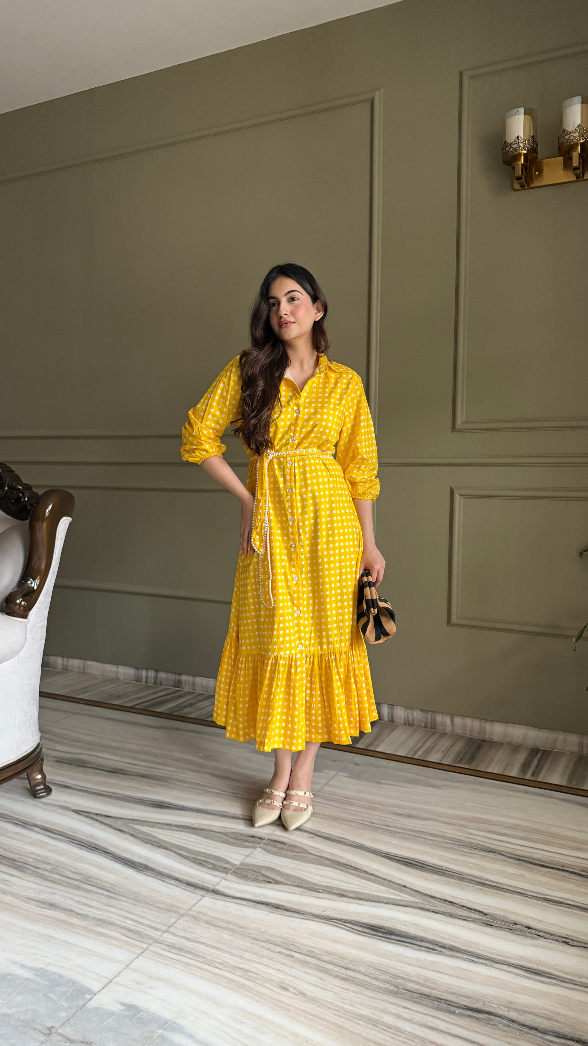 Sunshine Yellow Dress with Pearl Belt