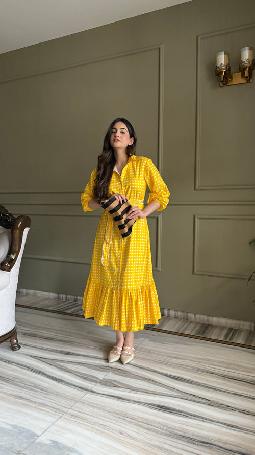 yellow dress with brown belt Sunshine Pearl – 11-04 Womens dresses