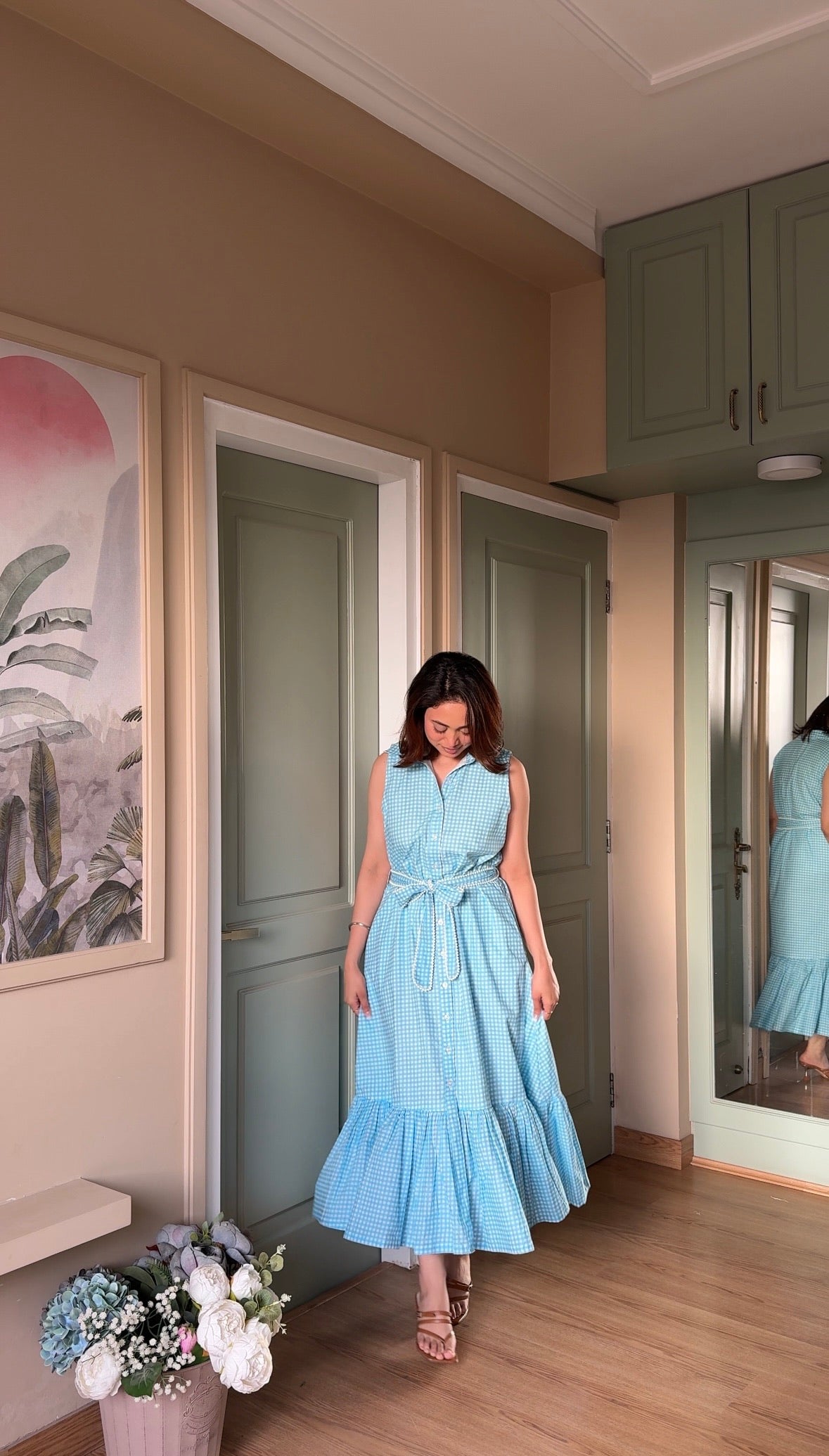 Blue Gingham Dress with Pearl Belt