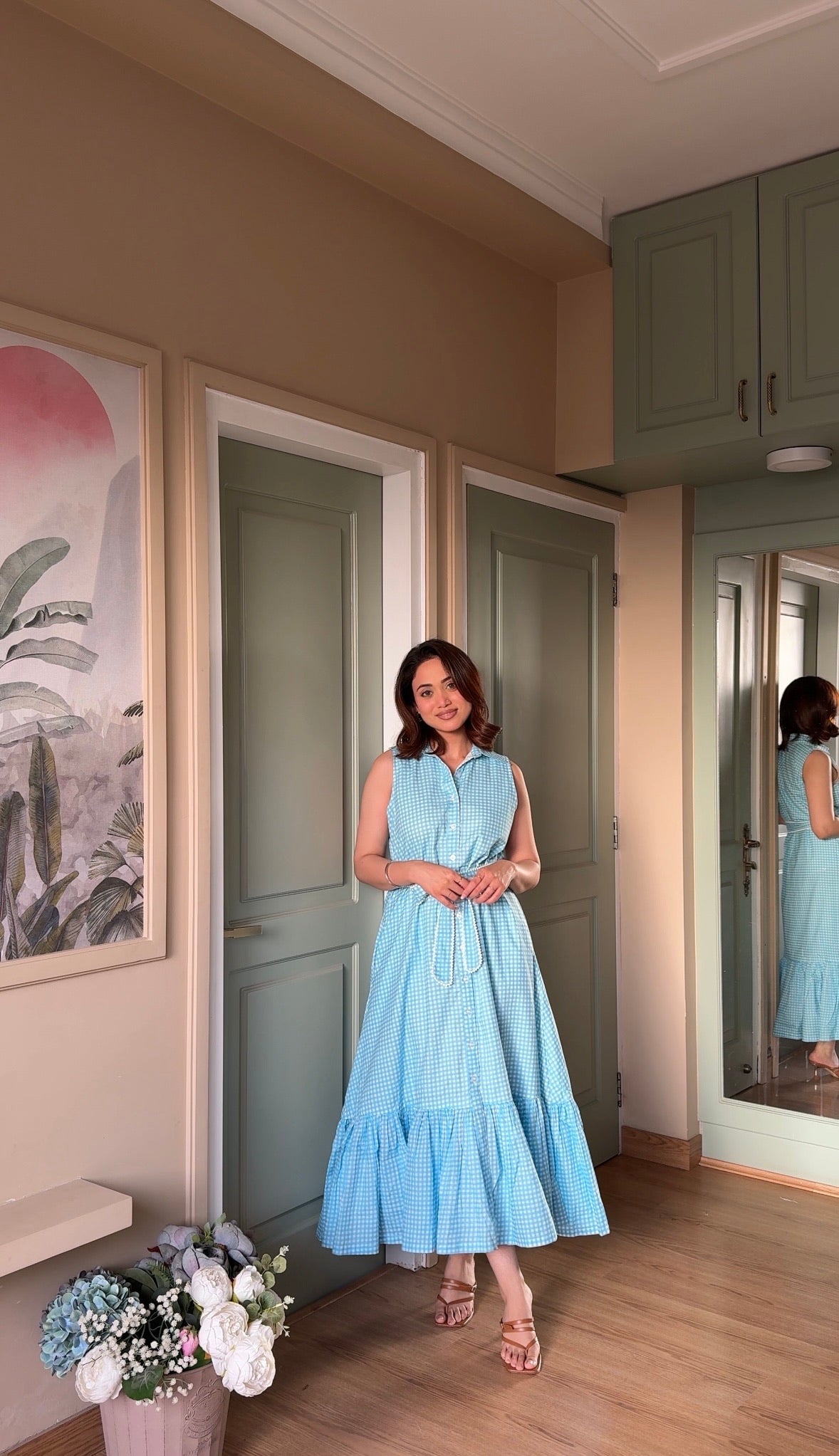 Blue Gingham Dress with Pearl Belt