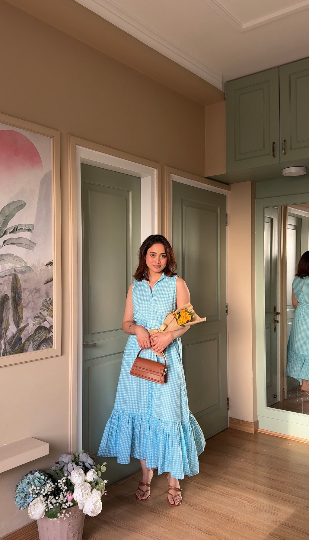 Blue Gingham Dress with Pearl Belt