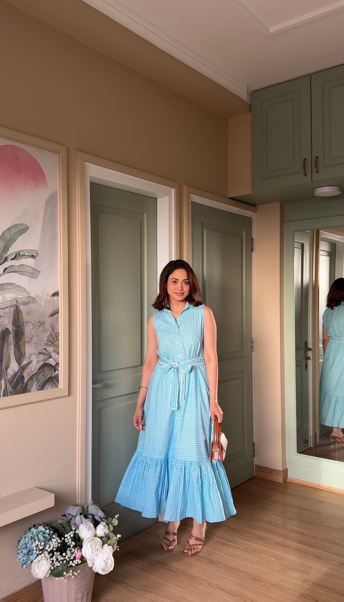 Blue Gingham Dress with Pearl Belt