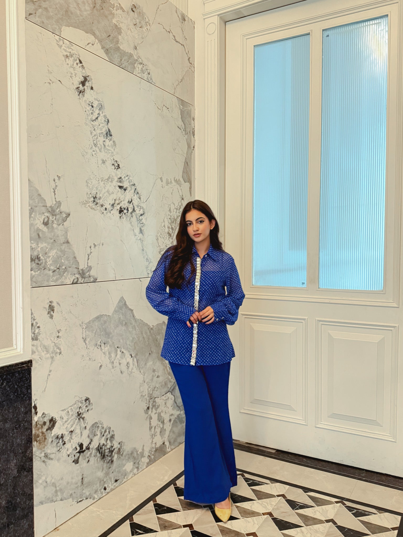 Noor Bandhej Set in Twilight Blue