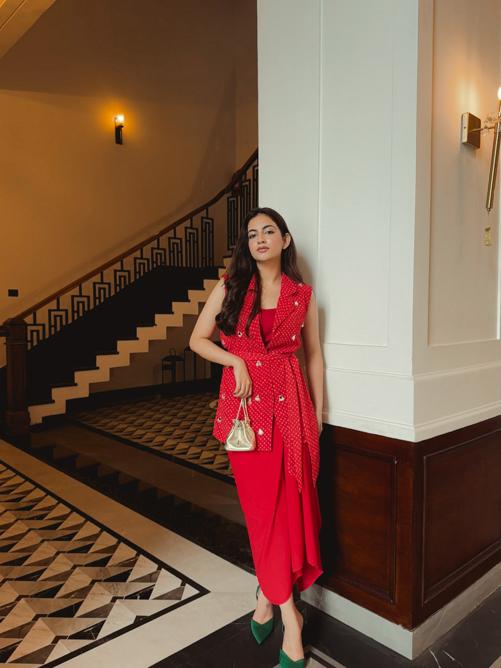 Bindu Dhoti Set in Cherry