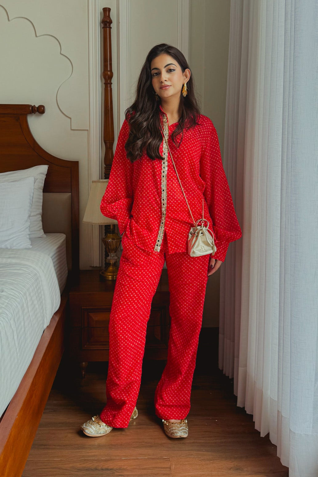 Noor Bandhej Set in Cherry