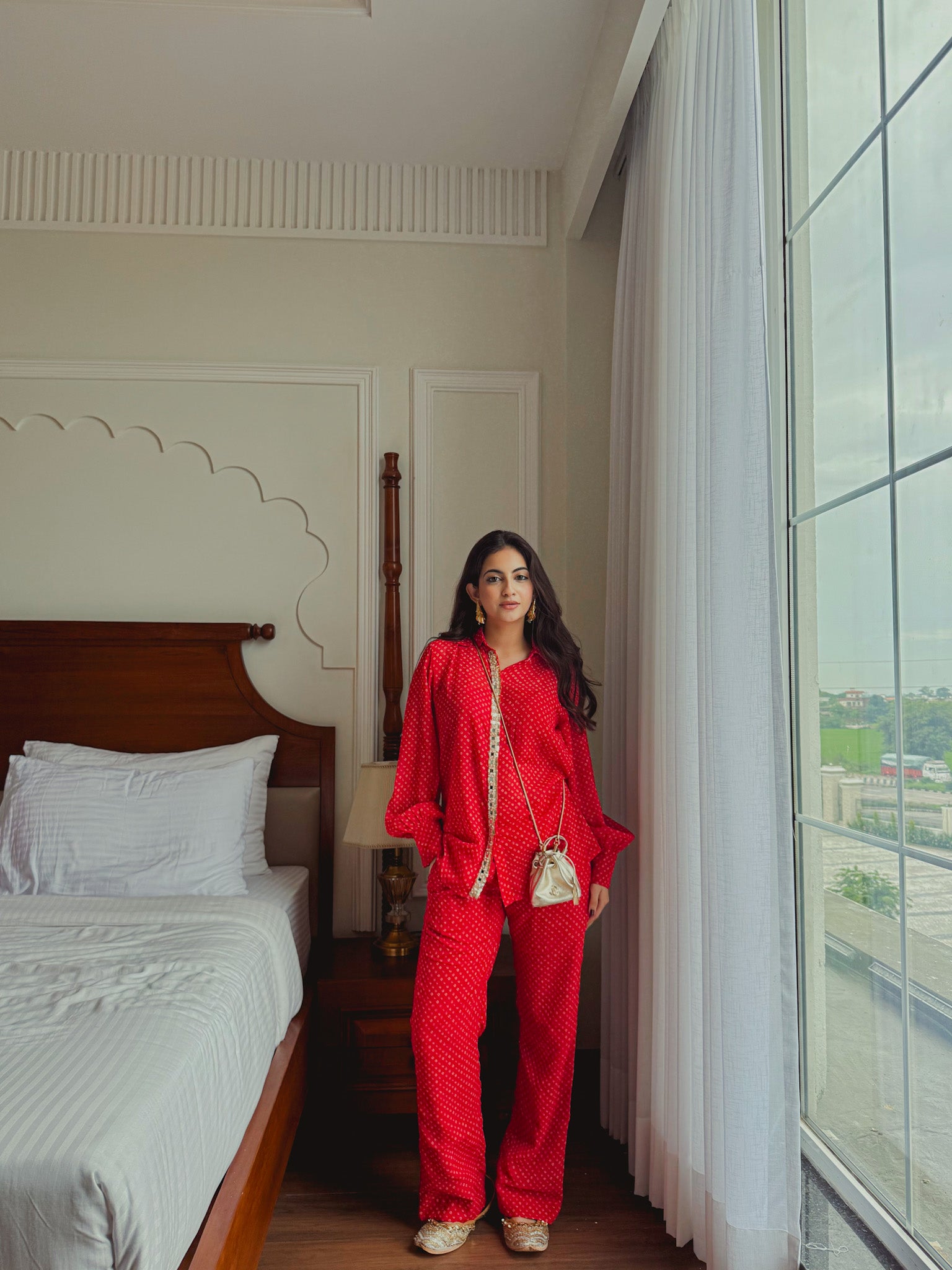 Noor Bandhej Set in Cherry