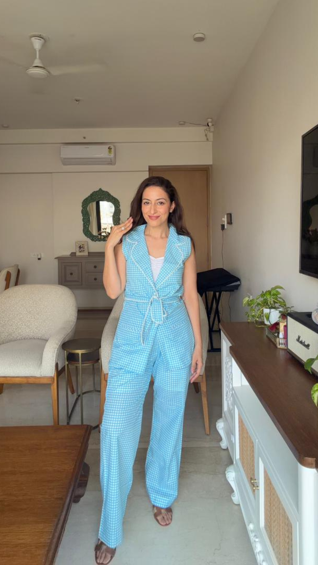 Blue Gingham Waist-Coat Set with Pearl Belt